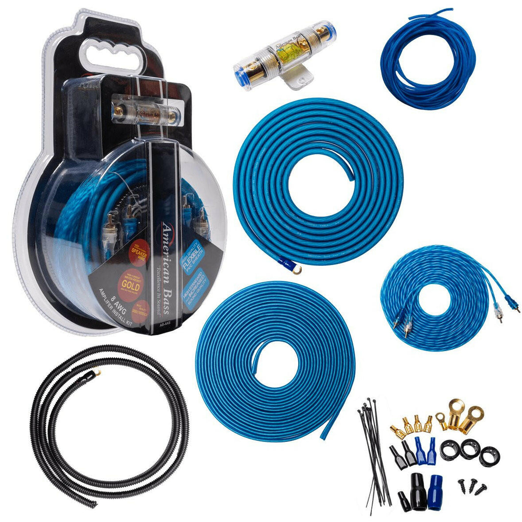 American Bass 8 Gauge Complete CCA (Copper Clad Aluminum) Amplifier Wiring Kit - Car Audio Amp Install Kit with Power, Ground & RCA Cables - Blue