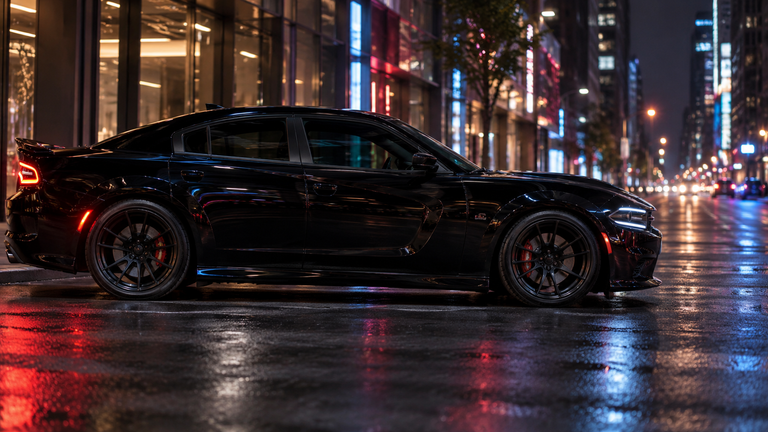 Black Dodge Charger on a neon-lit city street at night, Charger and Challenger alternators