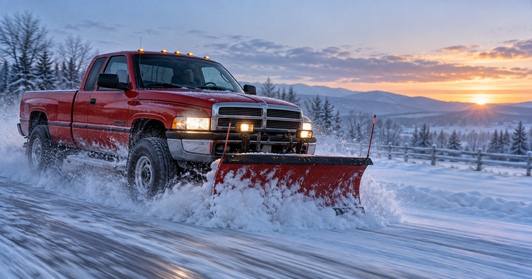 Red Dodge Ram plowing snow at dawn, 5.9L Cummins 12-valve and 24-valve alternators