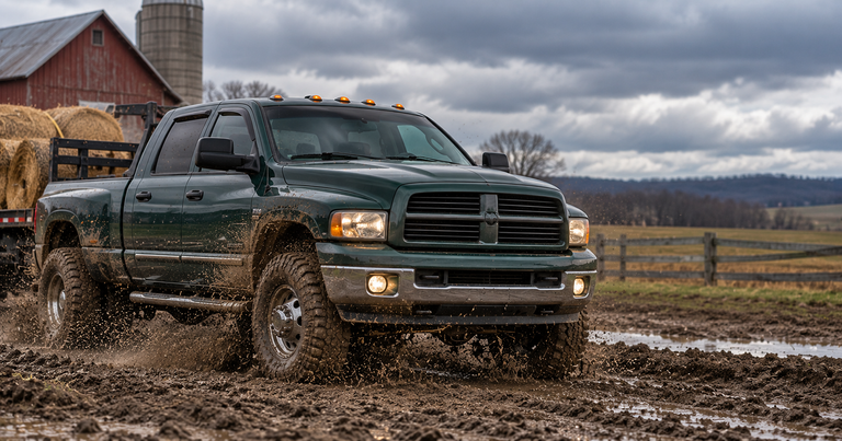 Dark green Dodge Ram dually in a muddy farm field, 5.9L Cummins alternators