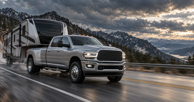 Silver dually pickup towing a fifth wheel through mountains, 6.7L Cummins alternators