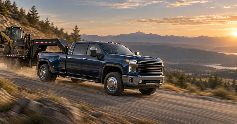 Dark blue dually pickup towing a gooseneck trailer, Duramax 6.6L alternators