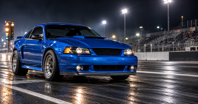 Blue Ford Mustang staged at a drag strip at night, Mustang high output alternators