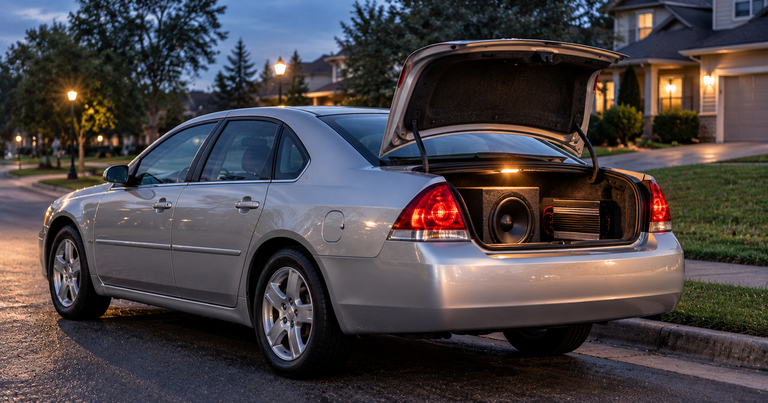 Silver Chevrolet Impala with trunk open showing an amplifier and subwoofer, GM car alternators