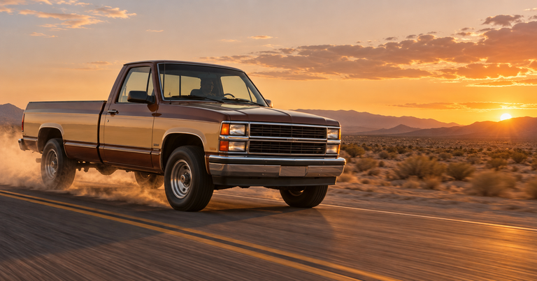 Tan square-body pickup on a desert road at sunset, 1987-1995 GM truck alternators