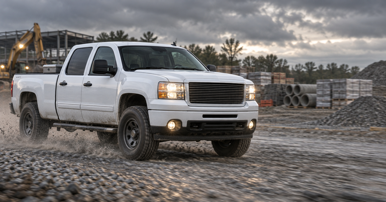 White crew cab pickup on a gravel construction site, 2005-2013 GM truck alternators