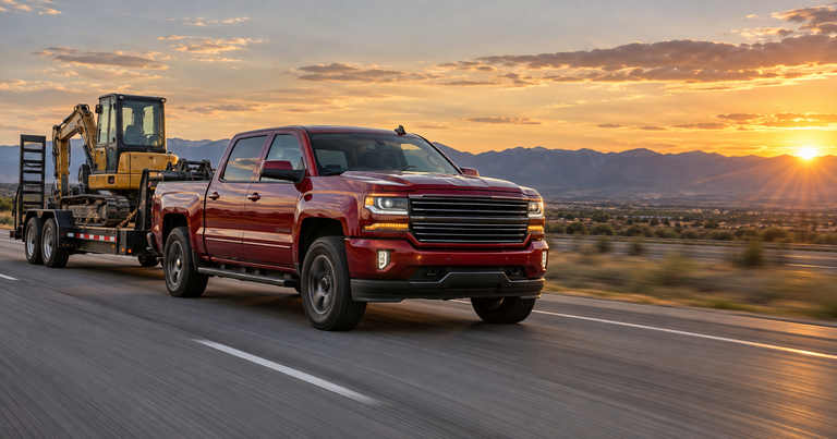 Red crew cab pickup towing an equipment trailer at sunset, 2014-2018 GM truck alternators