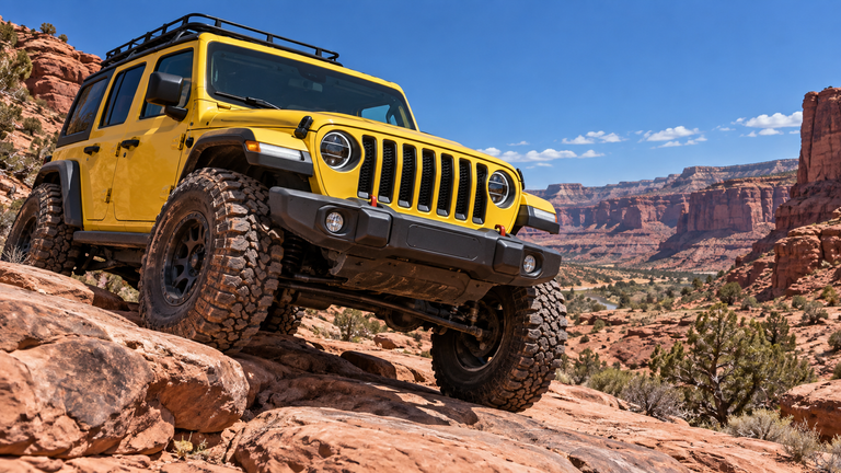 Yellow Jeep Wrangler climbing red rock in a desert canyon, Jeep high output alternators