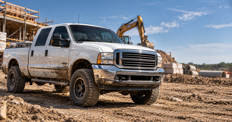 White Ford Super Duty pickup on a construction site, Power Stroke 7.3L and 6.0L alternators