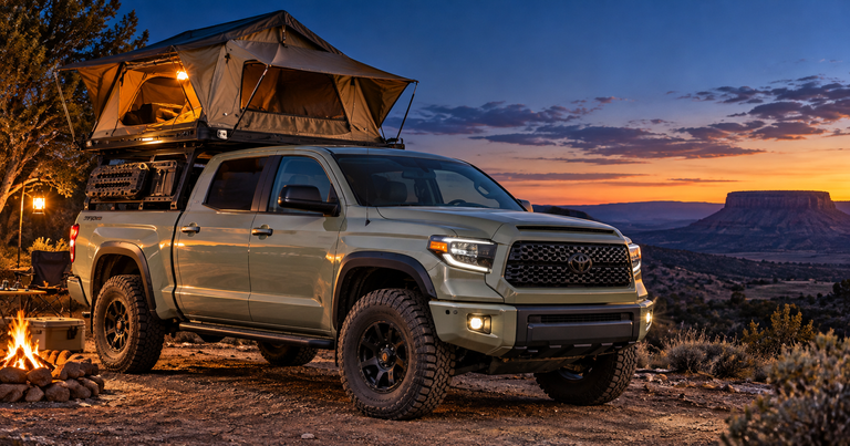 Bronze Toyota Tundra at a desert camp with rooftop tent, Toyota truck and SUV alternators