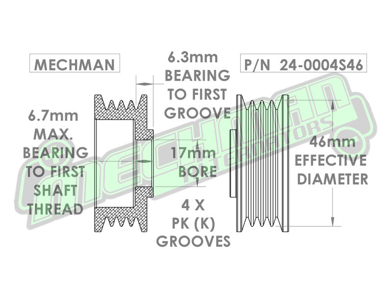 46mm 4 rib serpentine pulley - hard anodized aluminum