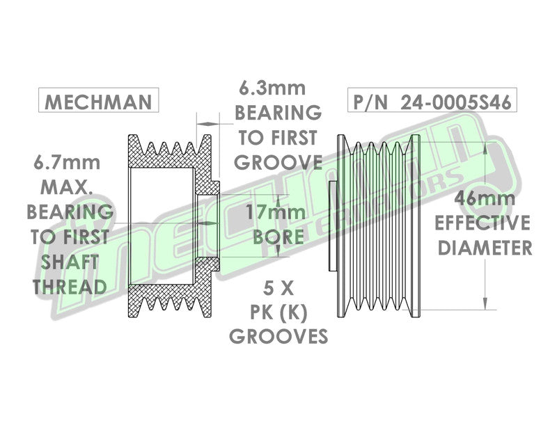 46mm 5 rib serpentine pulley - hard anodized aluminum