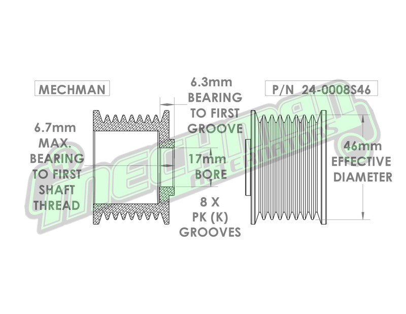 46mm 8 rib serpentine pulley - hard anodized aluminum
