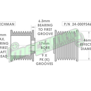 46mm 9 rib serpentine pulley - hard anodized aluminum