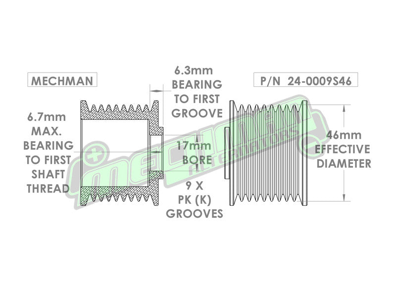46mm 9 rib serpentine pulley - hard anodized aluminum