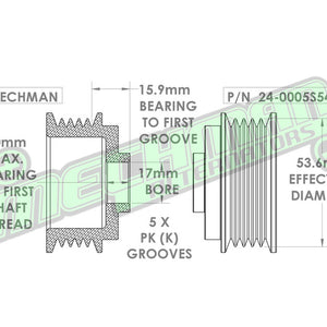 54mm 5 rib pulley, extended shoulder, hard anodized alum