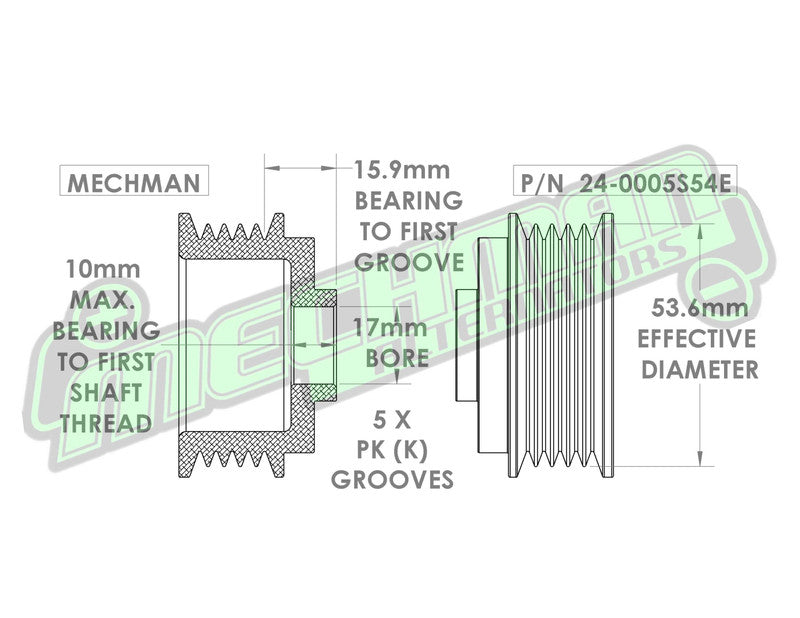 54mm 5 rib pulley, extended shoulder, hard anodized alum