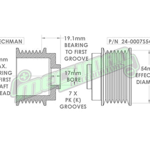 54mm 7 rib pulley, extended shoulder, hard anodized alum
