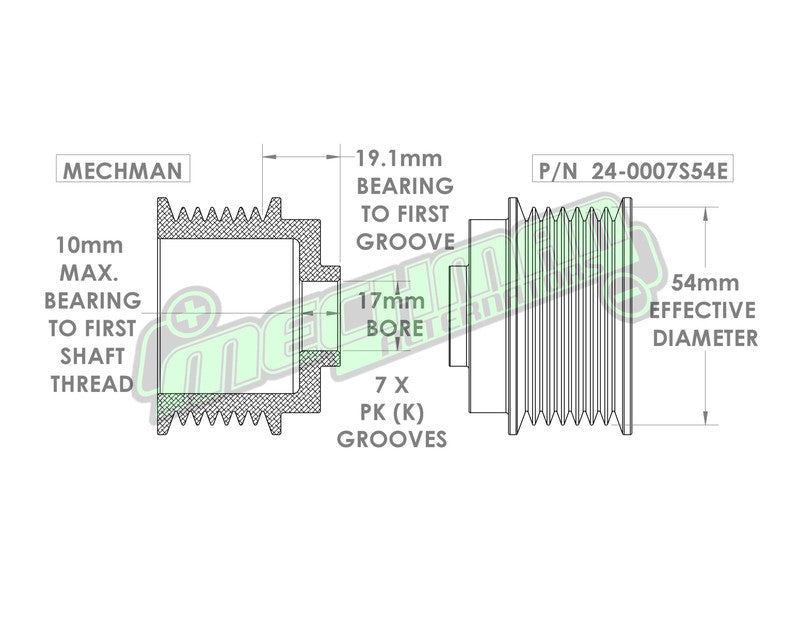 54mm 7 rib pulley, extended shoulder, hard anodized alum