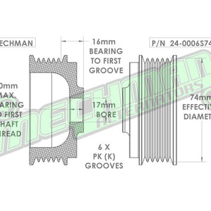 74mm 6 rib pulley, extended shoulder, hard anodized alum