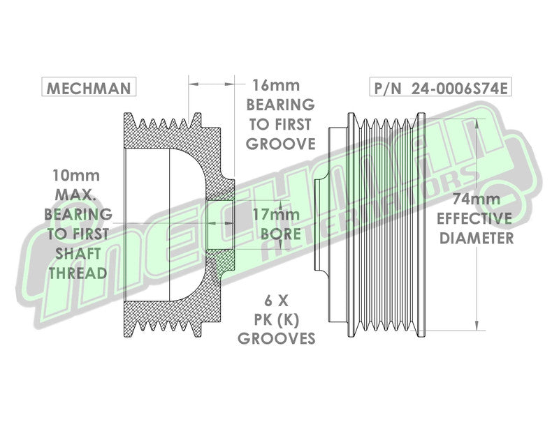 74mm 6 rib pulley, extended shoulder, hard anodized alum