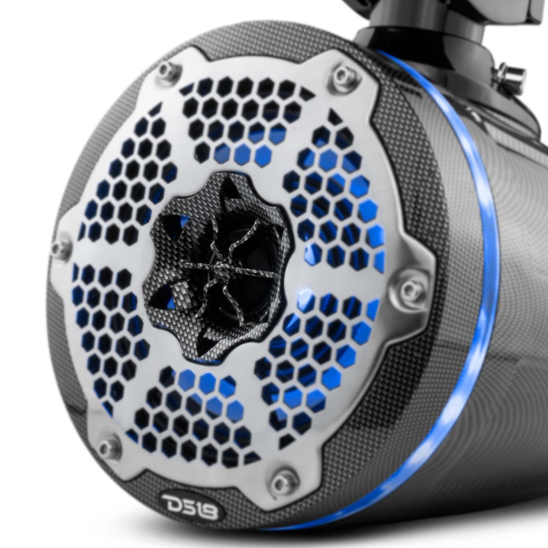 NXL 6.5" Neodymium Marine and Powersports Towers with Built-in Passive Radiator, 1" Driver and LED RGB Lights 150 Watts Rms -Black Carbon Fiber