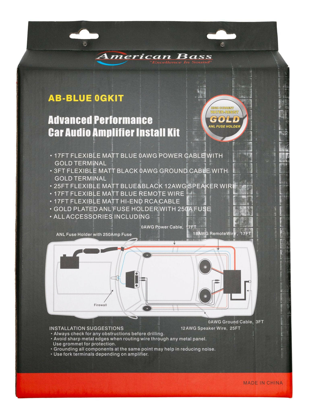 American Bass 0 Gauge Complete CCA (Copper Clad Aluminum) Amplifier Wiring Kit - Car Audio Amp Install Kit with Power, Ground & RCA Cables - Blue