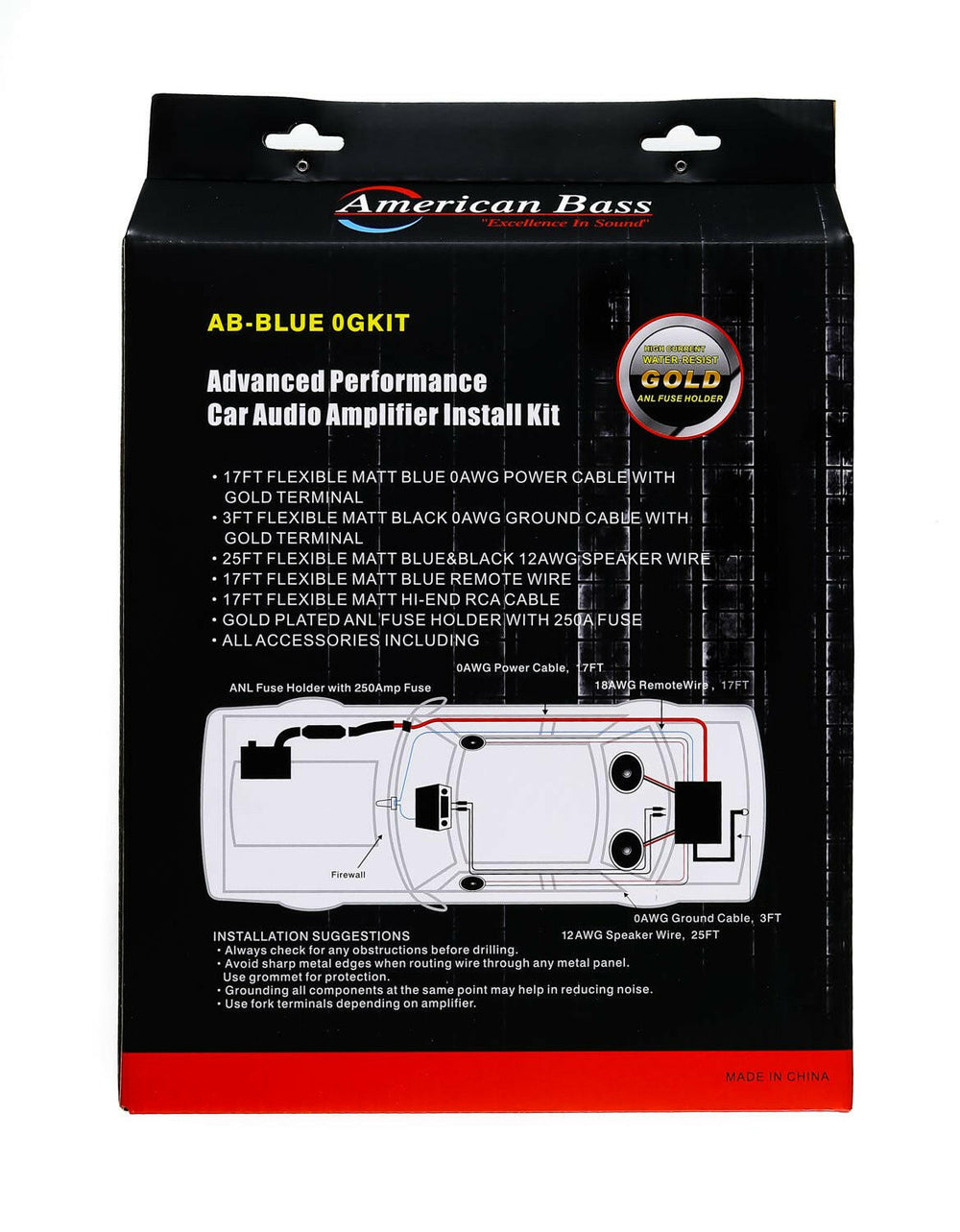 American Bass 0 Gauge Complete CCA (Copper Clad Aluminum) Amplifier Wiring Kit - Car Audio Amp Install Kit with Power, Ground & RCA Cables - Blue