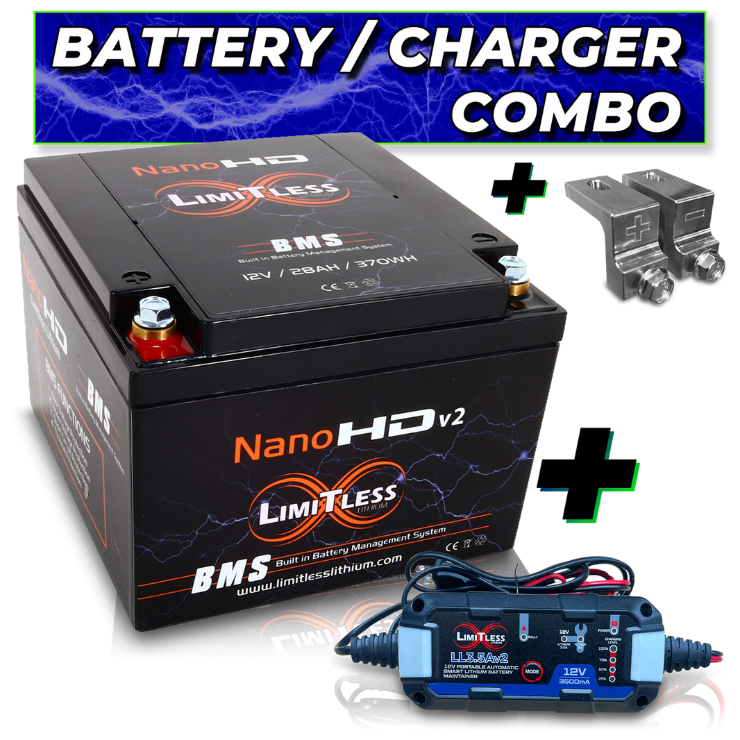 Nano -HDv2 30AH Motorcycle / Power sports Battery With 3.5A Battery Maintainer and Adapters 