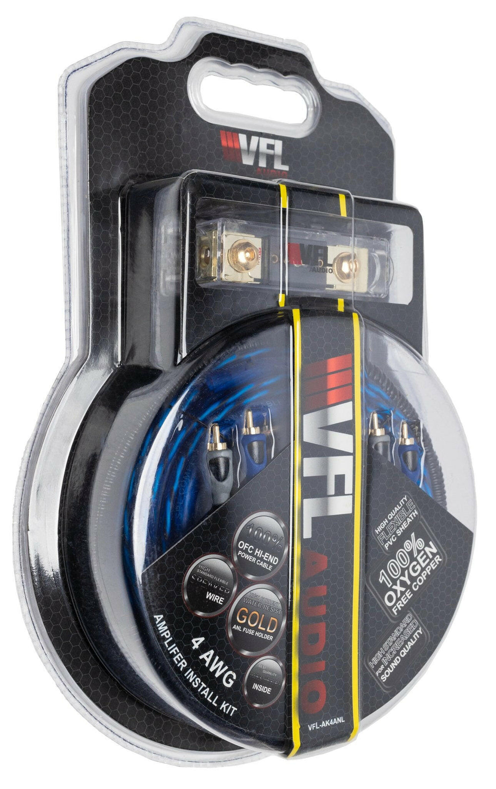 VFL 4 Gauge Complete OFC (Oxygen Free Copper) Amplifier Wiring Kit - High Power Car Audio Amp Install Kit with Power, Ground & RCA Cables - Version 1